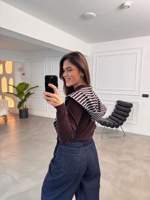 Kahverengi Çizgili Şal Detaylı Triko Bluz 002738-Kahverengi