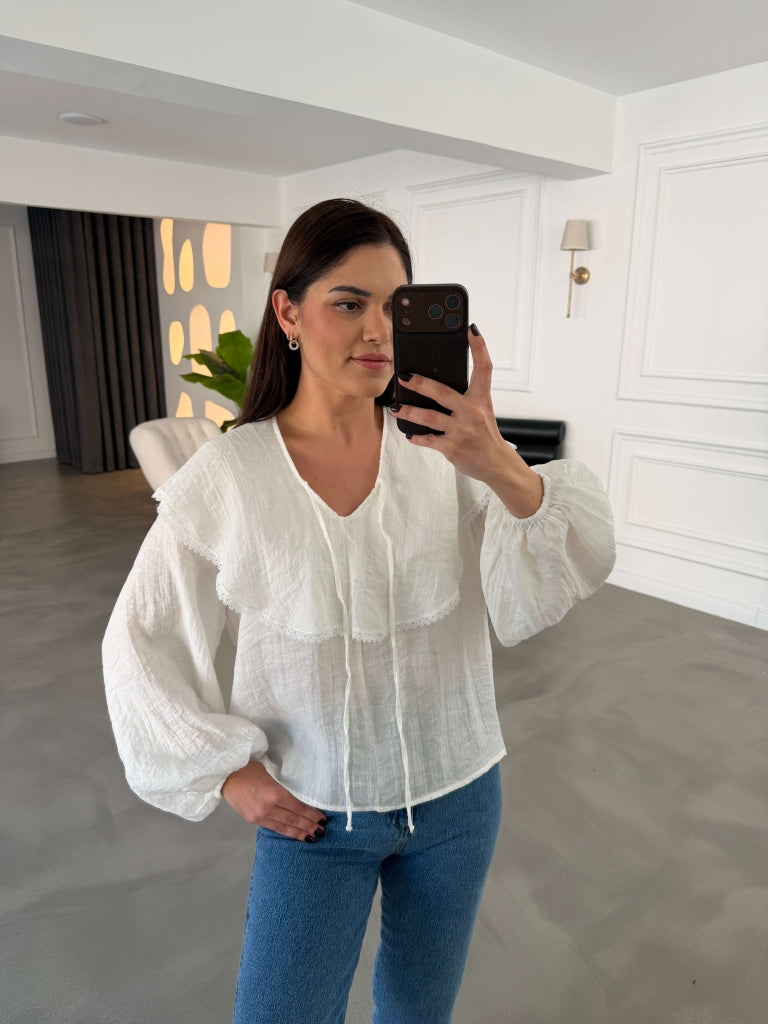 Ekru Yakası Dantel Detaylı Keten Bluz 5068-Ekru