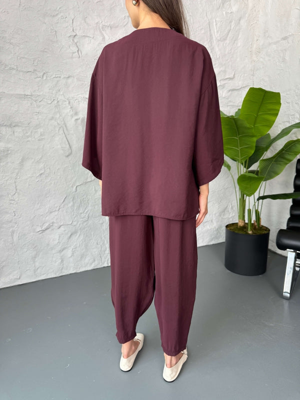 Mürdüm Tek Düğmeli Bluz Pantolon Takım