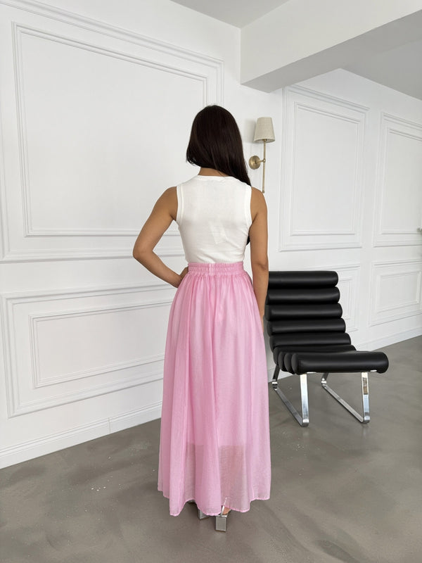 Pembe Bel Lastikli İpeksi Etek 5088-Pembe