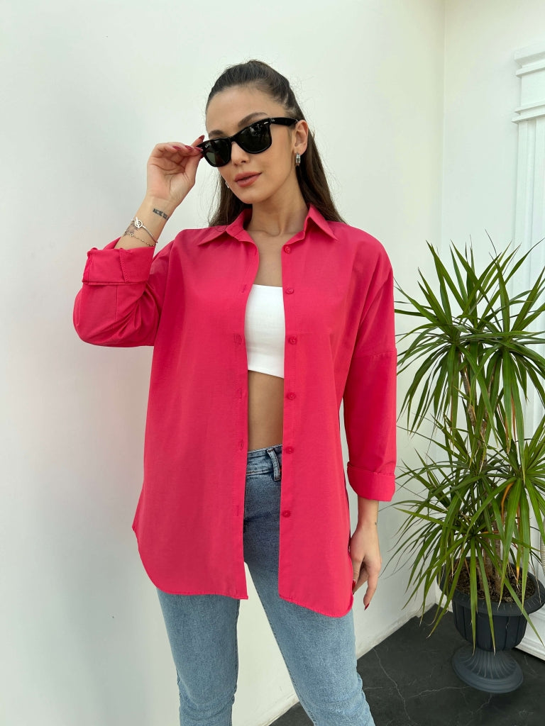 Fuşya Oversize Poplin Gömlek