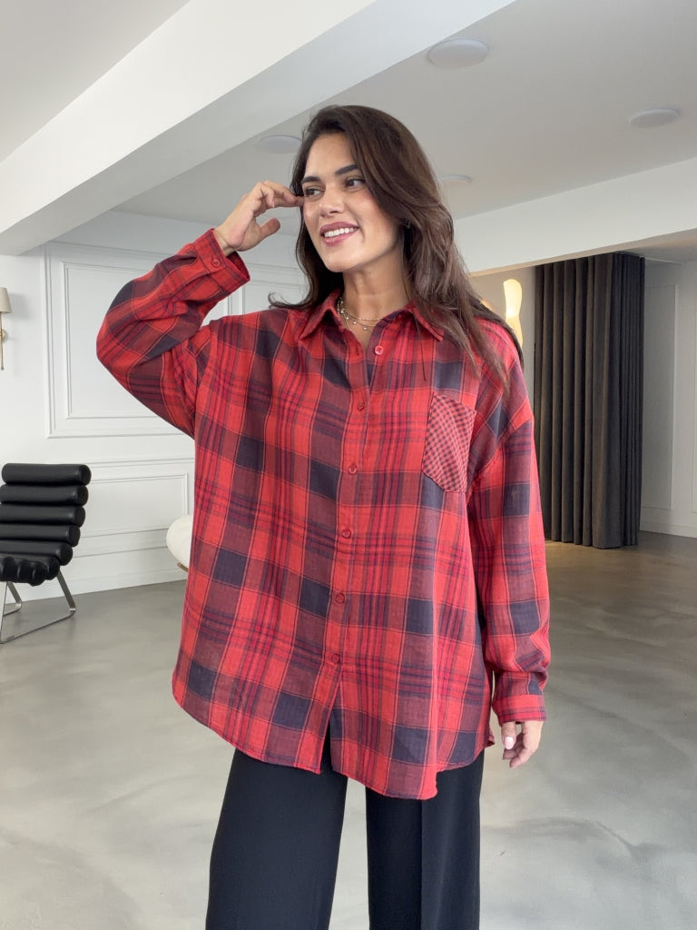 Kırmızı Ekoseli Cepli Oversize Gömlek 5163-Kırmızı