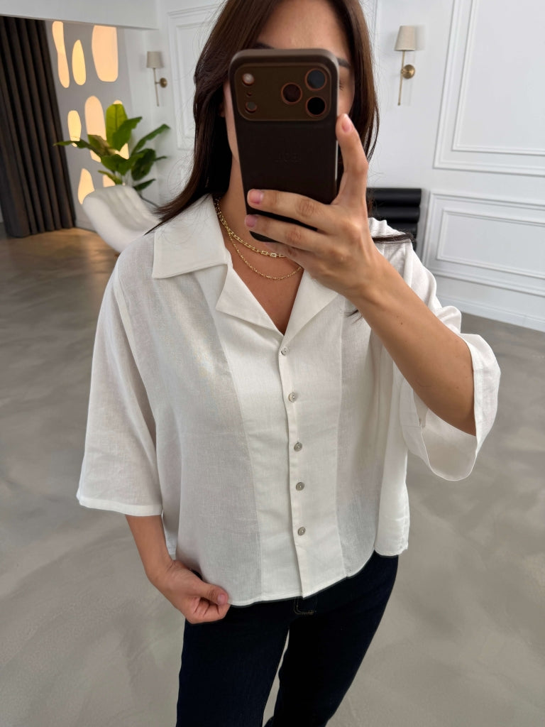 Beyaz Oversize Keten Gömlek 4982-Beyaz
