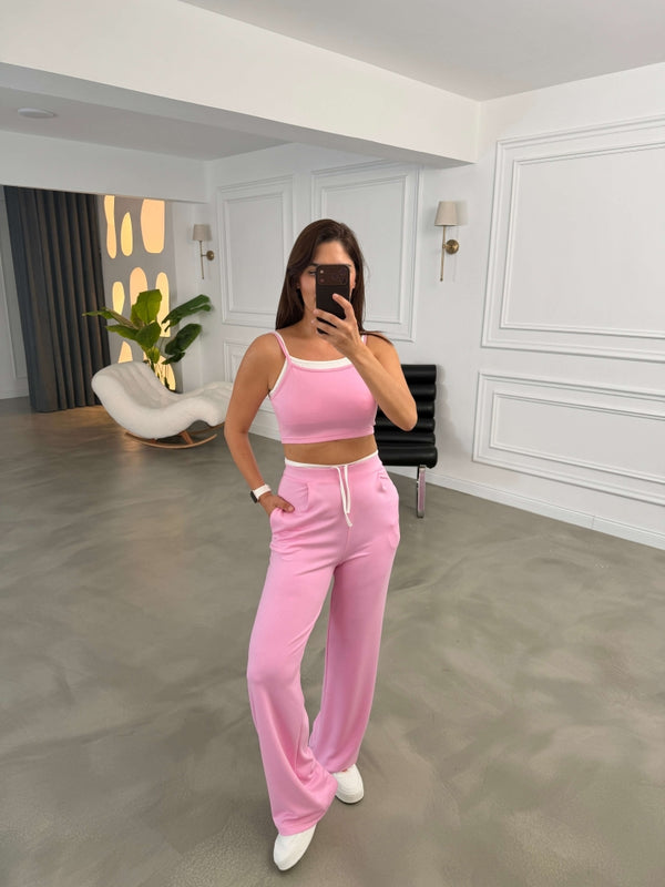 Pembe İçi Atletli Askılı Crop Takım 4807-Pembe