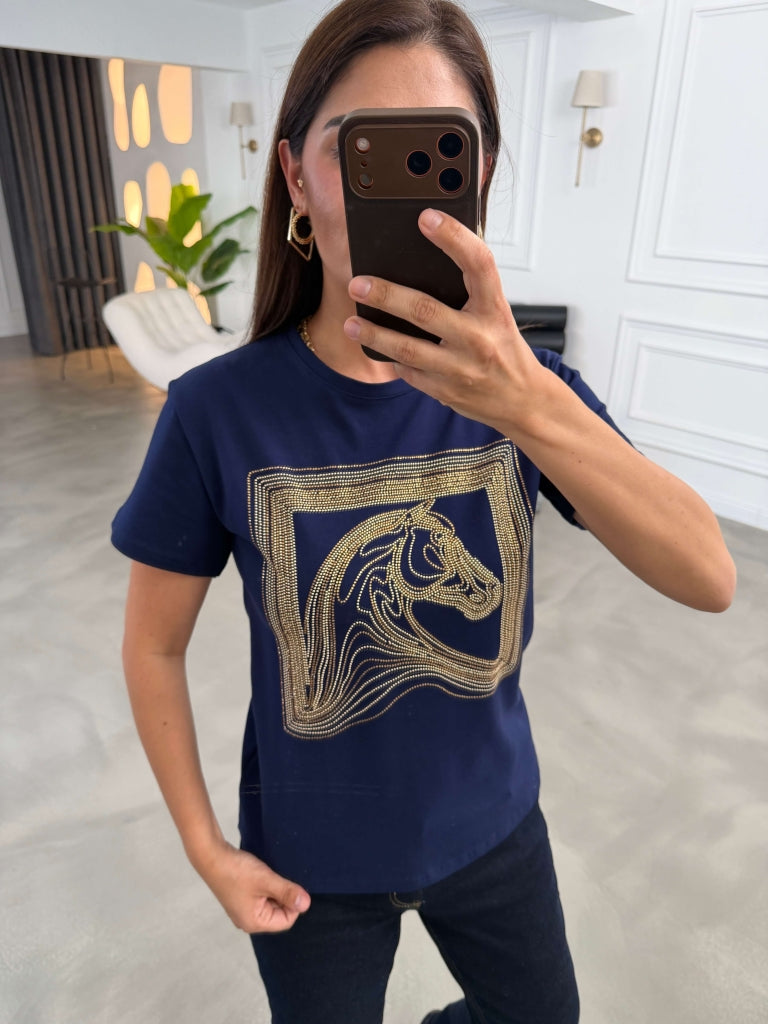 Lacivert Desen Taşlı Tshirt 8717-Lacivert