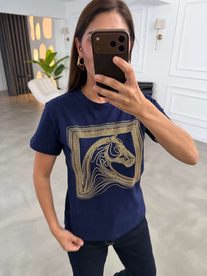 Lacivert Desen Taşlı Tshirt 8717-Lacivert