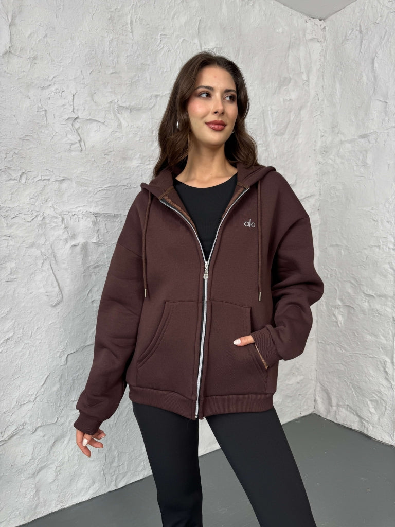 Kahverengi Ön Fermuarlı Kapüşonlu Sweatshirt 4032-Kahverengi