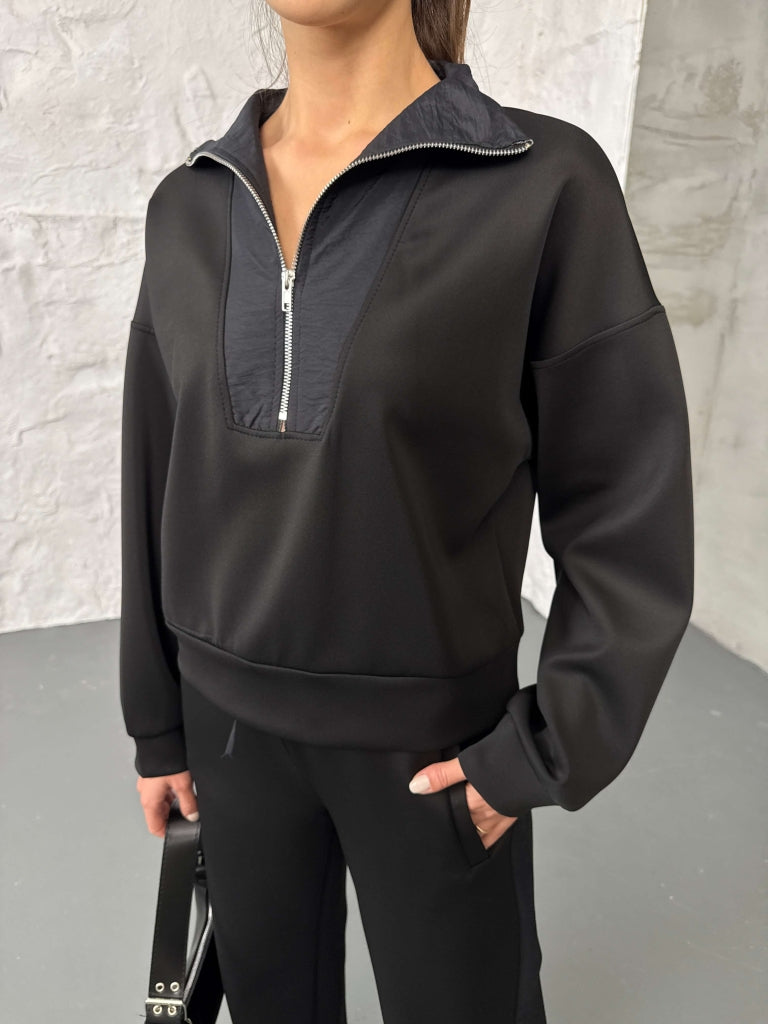 Siyah Paraşüt Şeritli Fermuarlı Scuba Takım 2624-Siyah