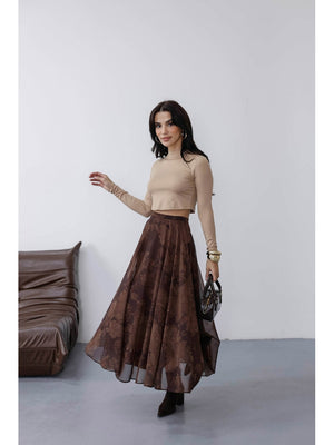 Kahverengi Çiçek Detaylı Şifon Etek 0613-Kahverengi