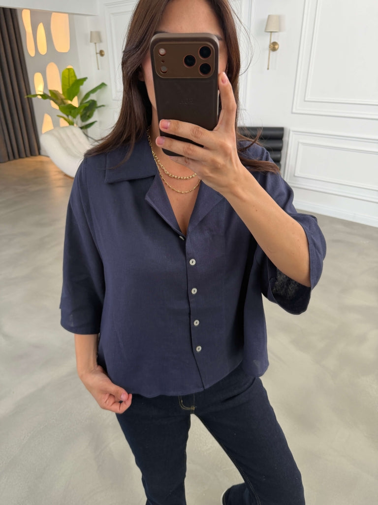 Lacivert Oversize Keten Gömlek 4982-Lacivert