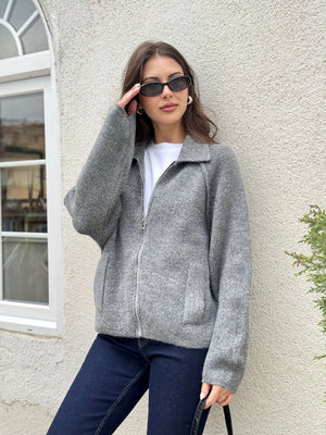 Gri  Polo Yaka Fermuarlı Hırka 2381-Gri