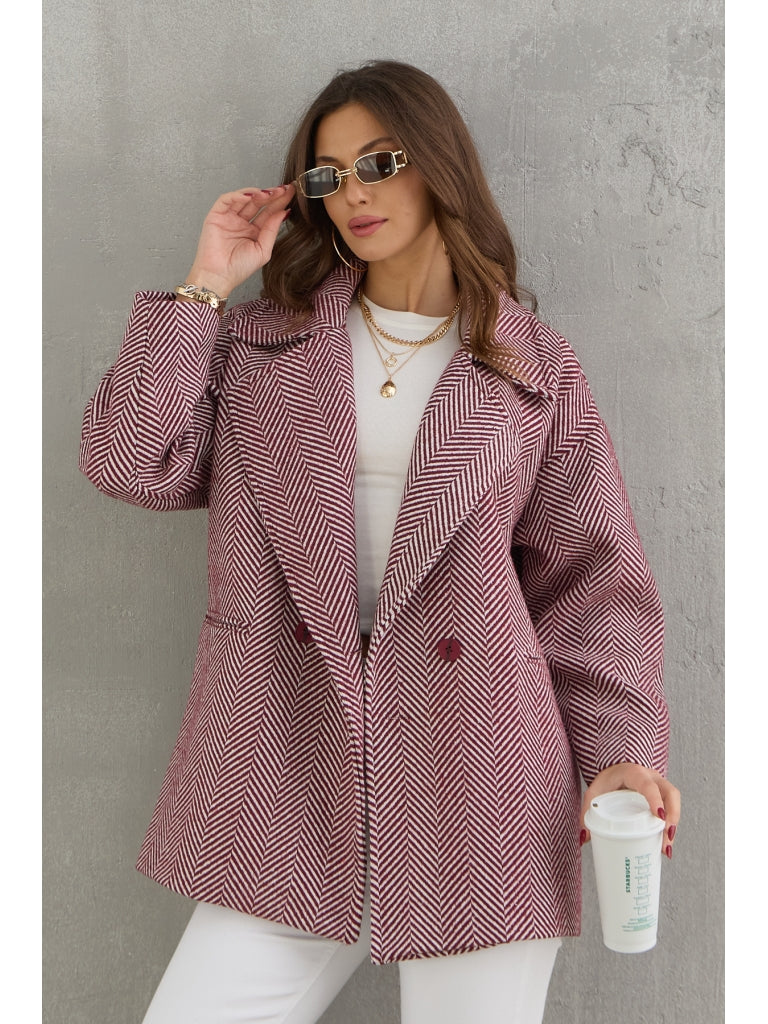 Bordo Balık Sırtı Oversize Astarlı Kısa Kaban