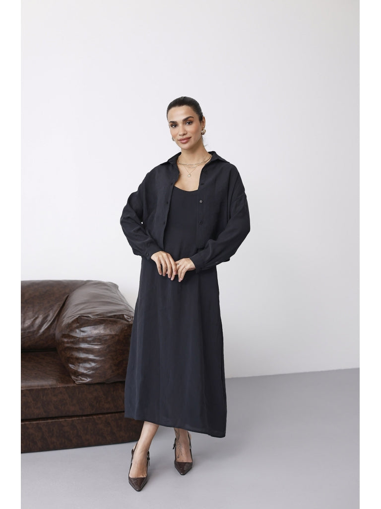 Siyah İp Askılı Elbise Gömlek Takım 51153-SİYAH