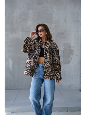 Leopar Detaylı Yıkamalı Gabardin Gömlek