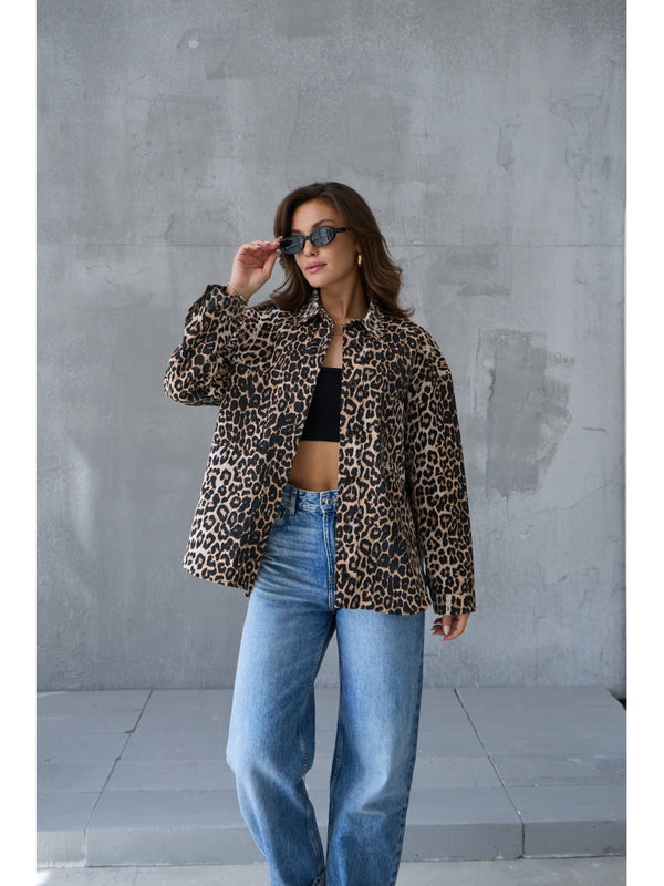 Leopar Detaylı Yıkamalı Gabardin Gömlek