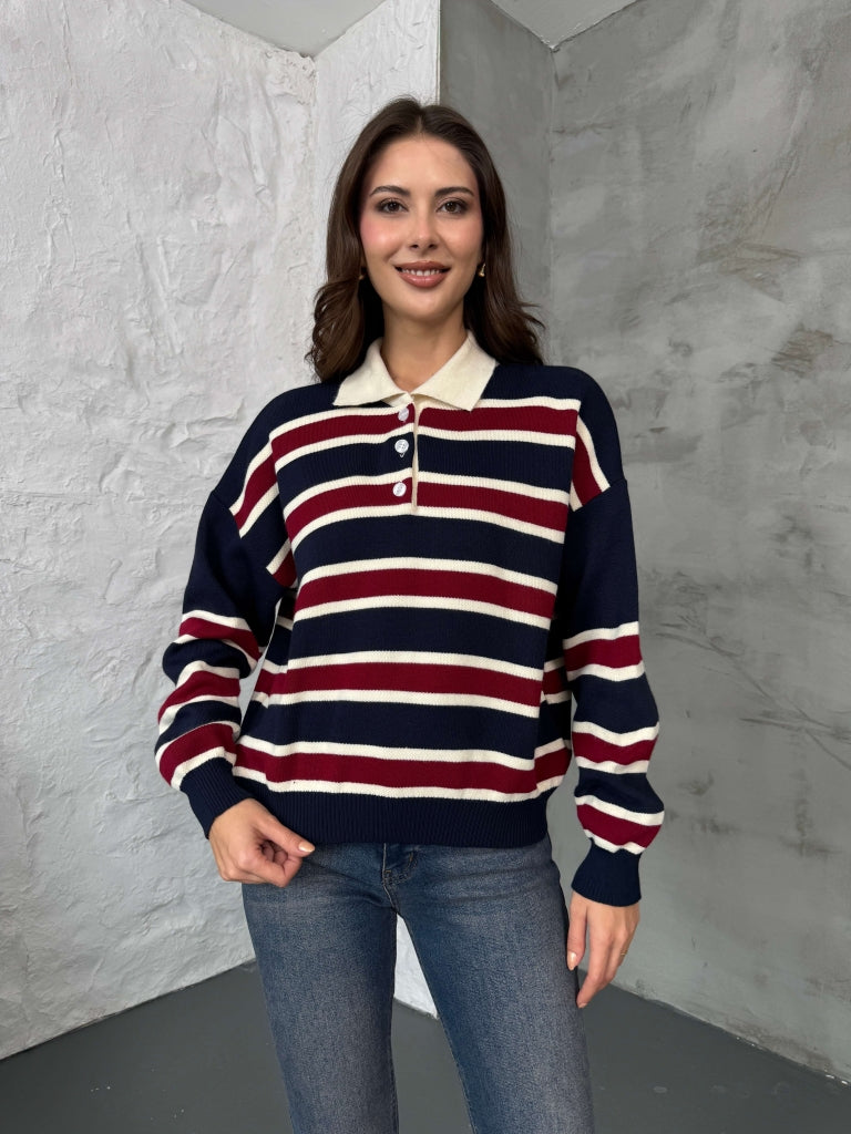 Lacivert Çizgili Polo Yaka Triko Kazak