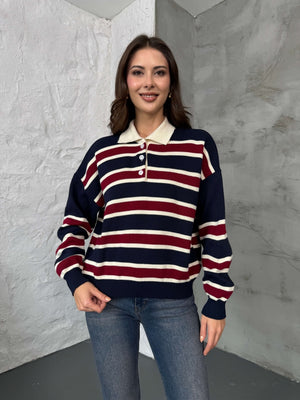 Lacivert Çizgili Polo Yaka Triko Kazak