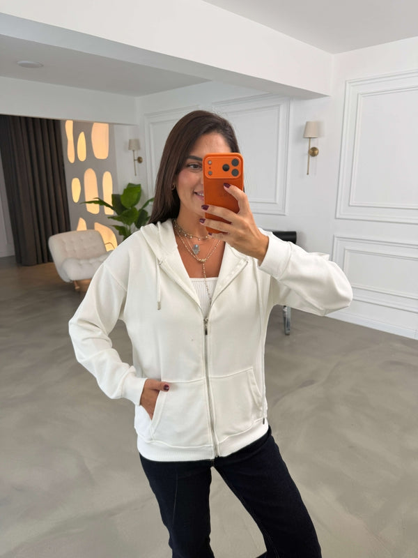 Beyaz Kapüşonlu Fermuarlı Basic Sweatshirt 4321-Beyaz