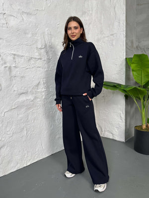 Lacivert Yarım Fermuarlı Şardonlu Sweat Takım 4028-Lacivert