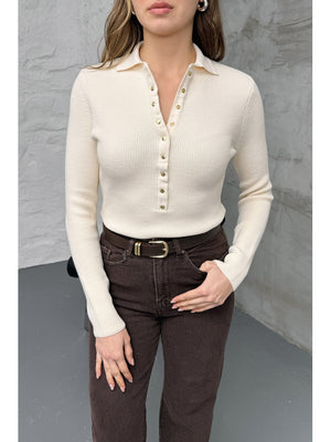 Krem Polo Yaka Çıtçıtlı Kazak 251172-Krem