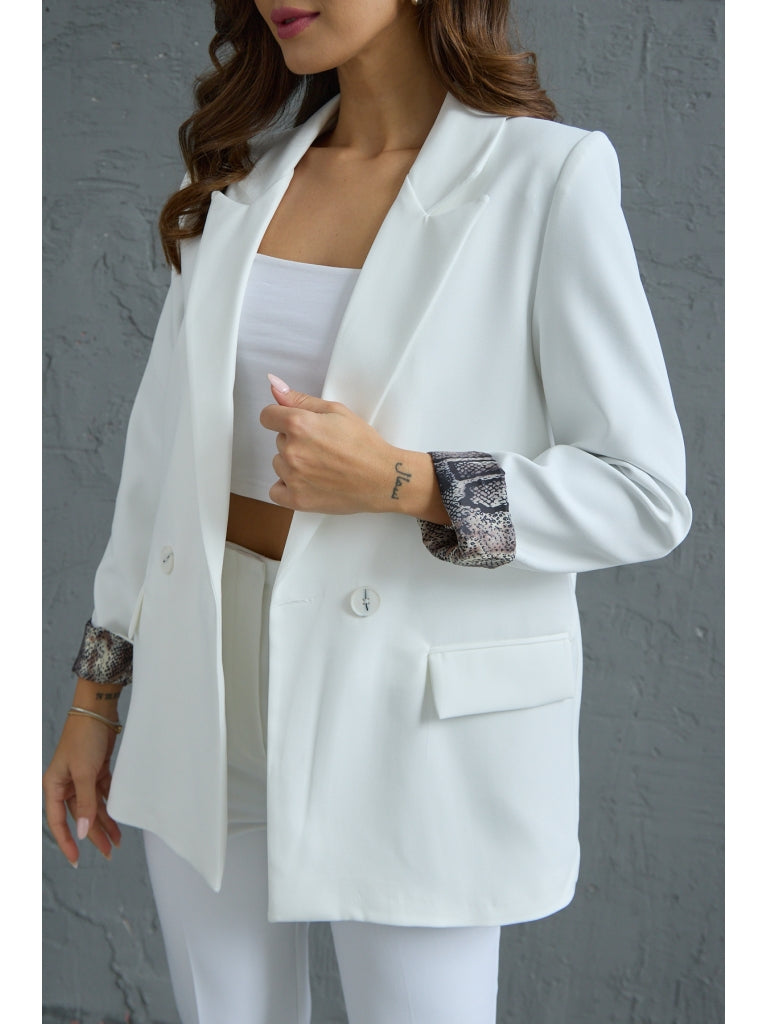 Beyaz Leopar Kol Katlamalı Blazer Ceket