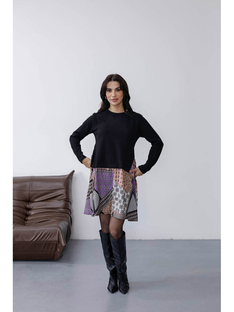 Siyah Eteği Desenli Yandan Bağlamalı Elbise EY27238-SİYAH