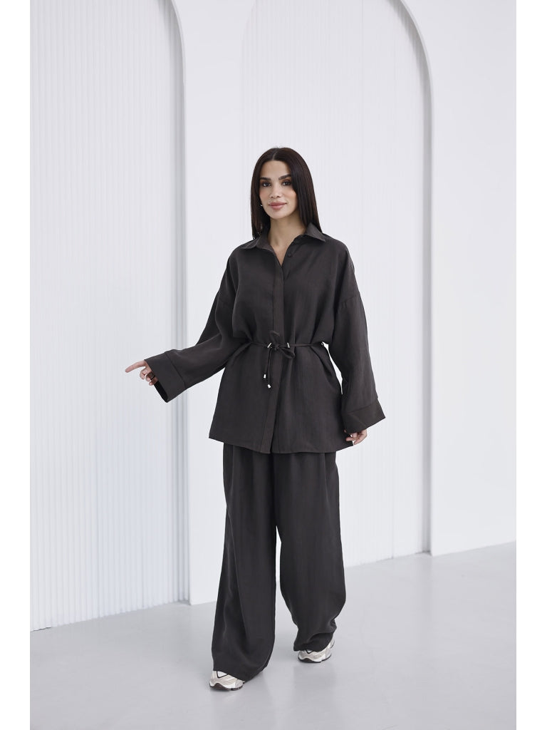 Kahve Bel Bağlamalı Gömlek Takım 51281-Kahve