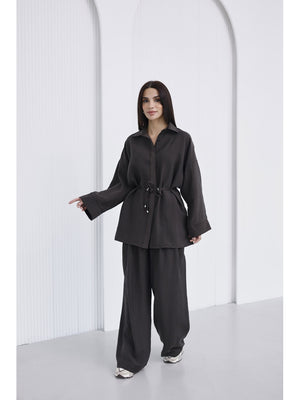 Kahve Bel Bağlamalı Gömlek Takım 51281-Kahve
