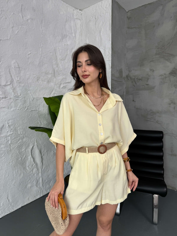 Sarı Hasır Kemerli Şortlu Tencel Takım