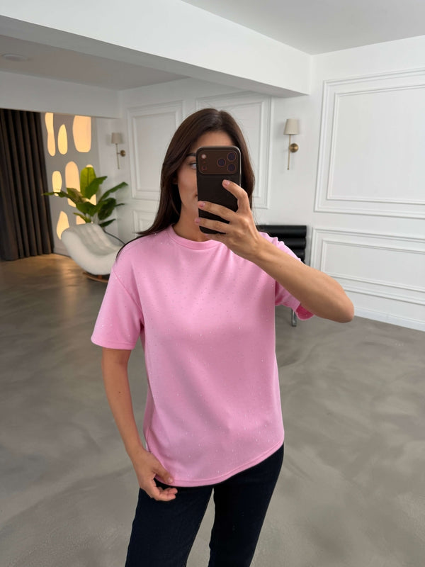 Pembe Taş Baskılı Tshirt 4236-Pembe