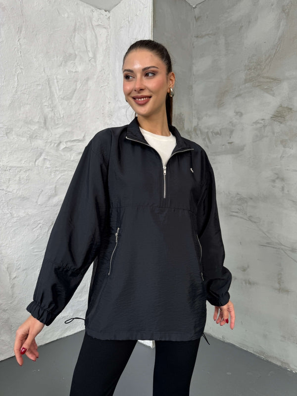 Siyah Paraşüt Kumaş Fermuarlı Sweat EY2120-Siyah