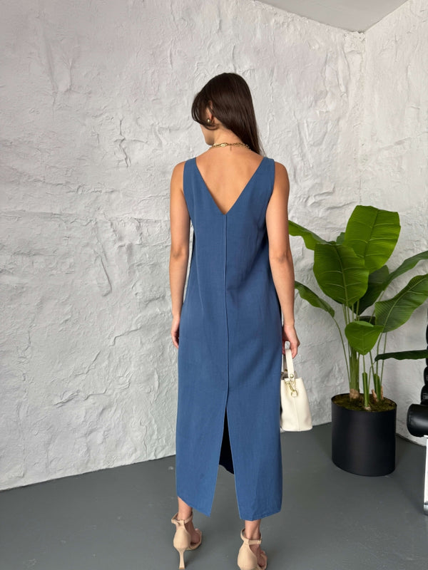 İndigo Arkası Yırtmaçlı Premium Tencel Elbise