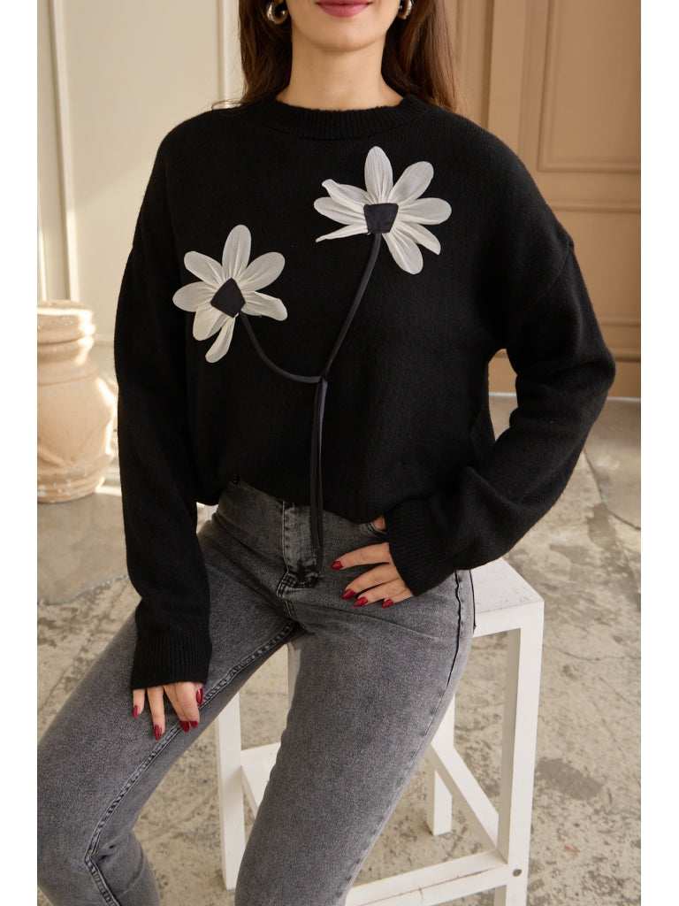 Siyah Keten Çiçekli Oversize Kazak