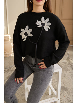 Siyah Keten Çiçekli Oversize Kazak