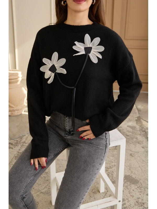 Siyah Keten Çiçekli Oversize Kazak