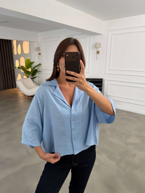 Bebe Mavi Oversize Keten Gömlek 4982-Bebe Mavi
