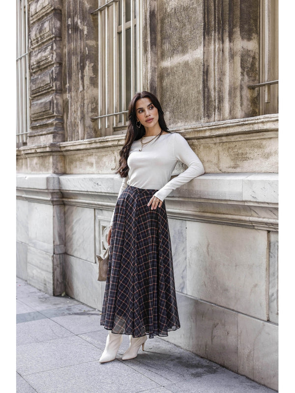 Lacivert Ekose Detaylı Şifon Etek 0613-Lacivert