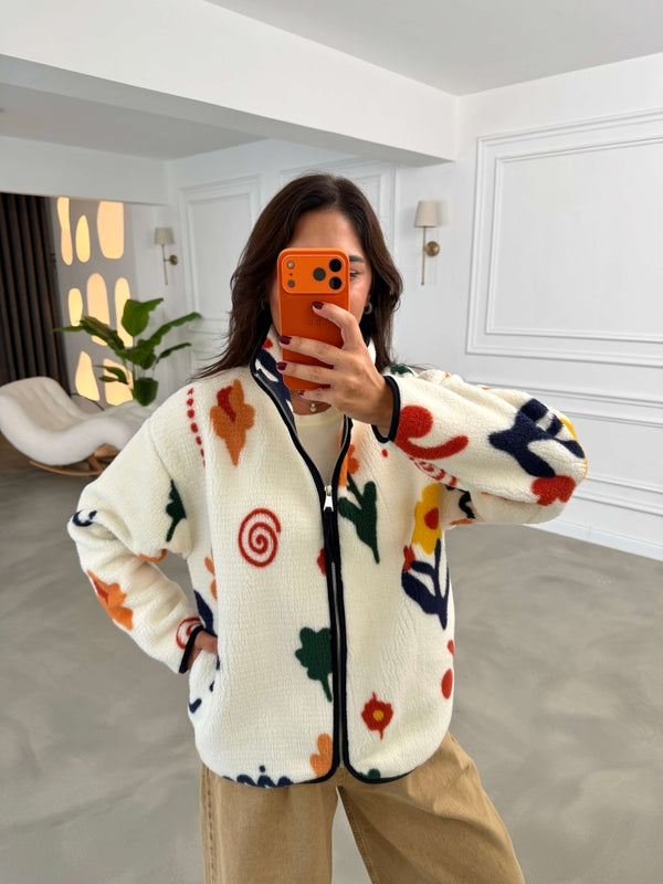 Sarı Çiçekli Ön Fermuarlı Peluş Sweat 22889-Sarı