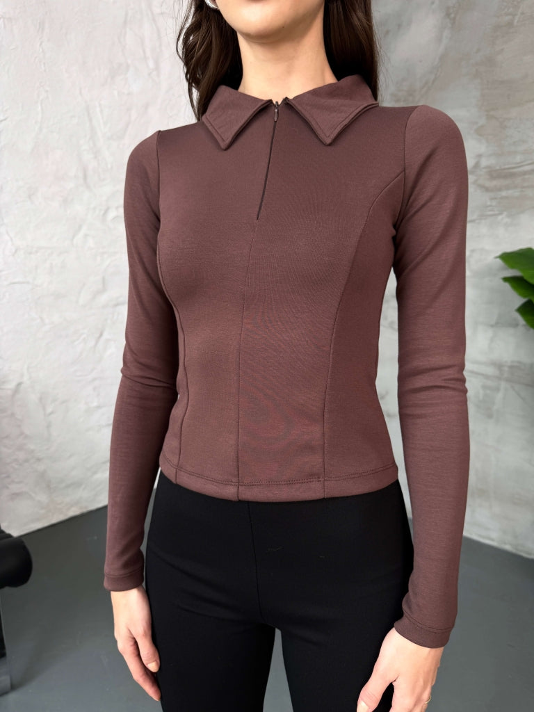 Kahverengi Yakalı Fermuarlı Body EYY1004-Kahverengi