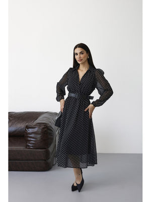 Siyah Puantiyeli Kemerli  Elbise 70295-SİYAH