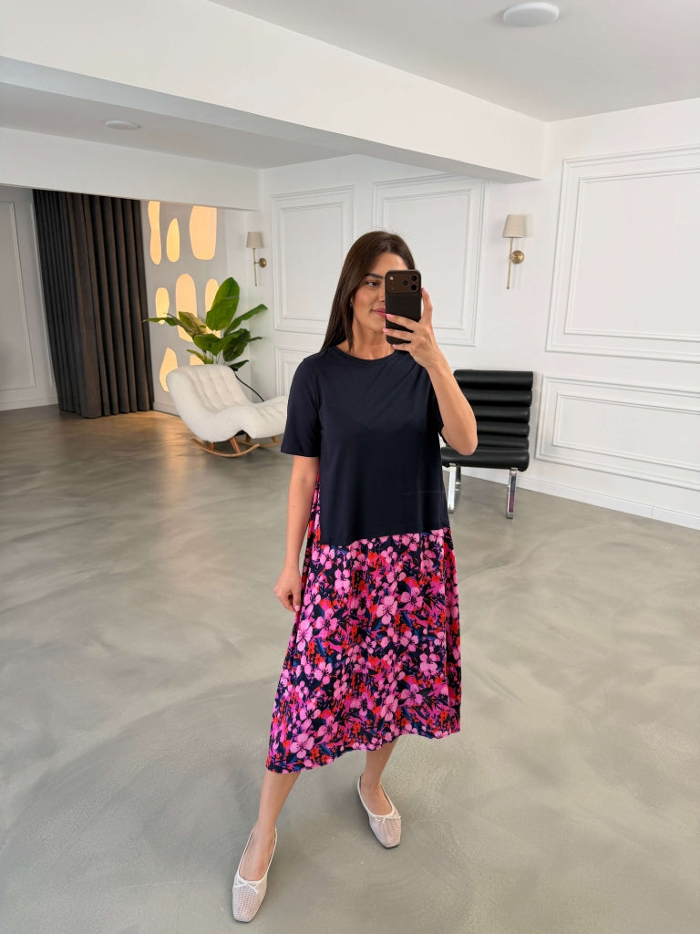 Pembe Lacivert Çiçekli Kısa Kol Elbise 0081-Pembe Lacivert