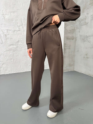 Kahverengi Paraşüt Şeritli Fermuarlı Scuba Takım 2624-Kahverengi