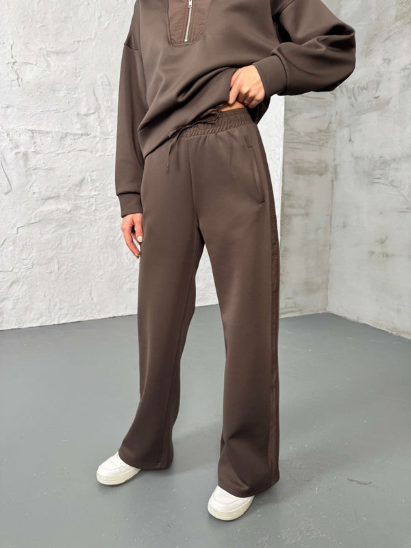 Kahverengi Paraşüt Şeritli Fermuarlı Scuba Takım 2624-Kahverengi