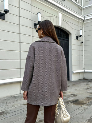 Kahve Balık Sırtı Oversize Astarlı Kısa Kaban 9252-KAHVE