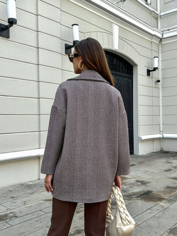 Kahve Balık Sırtı Oversize Astarlı Kısa Kaban 9252-KAHVE