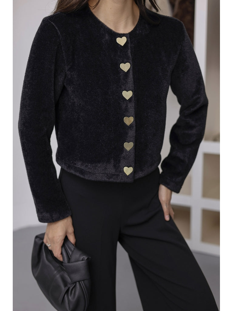 Siyah Kalp Düğmeli Yumoş Hırka 7562-Siyah