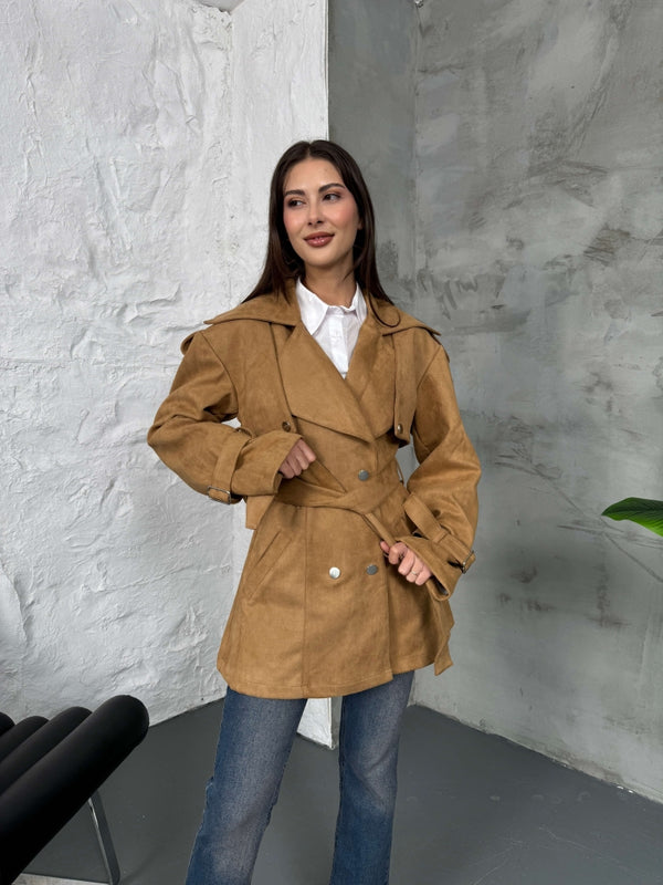 Camel Kuşaklı Süet Trenç