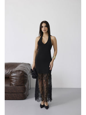 Siyah Sırt Dekolteli Dantel Detay Elbise 4106-Siyah