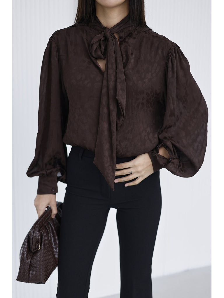 Kahve Yakası Fularlı Salaş Bluz 5021-Kahve