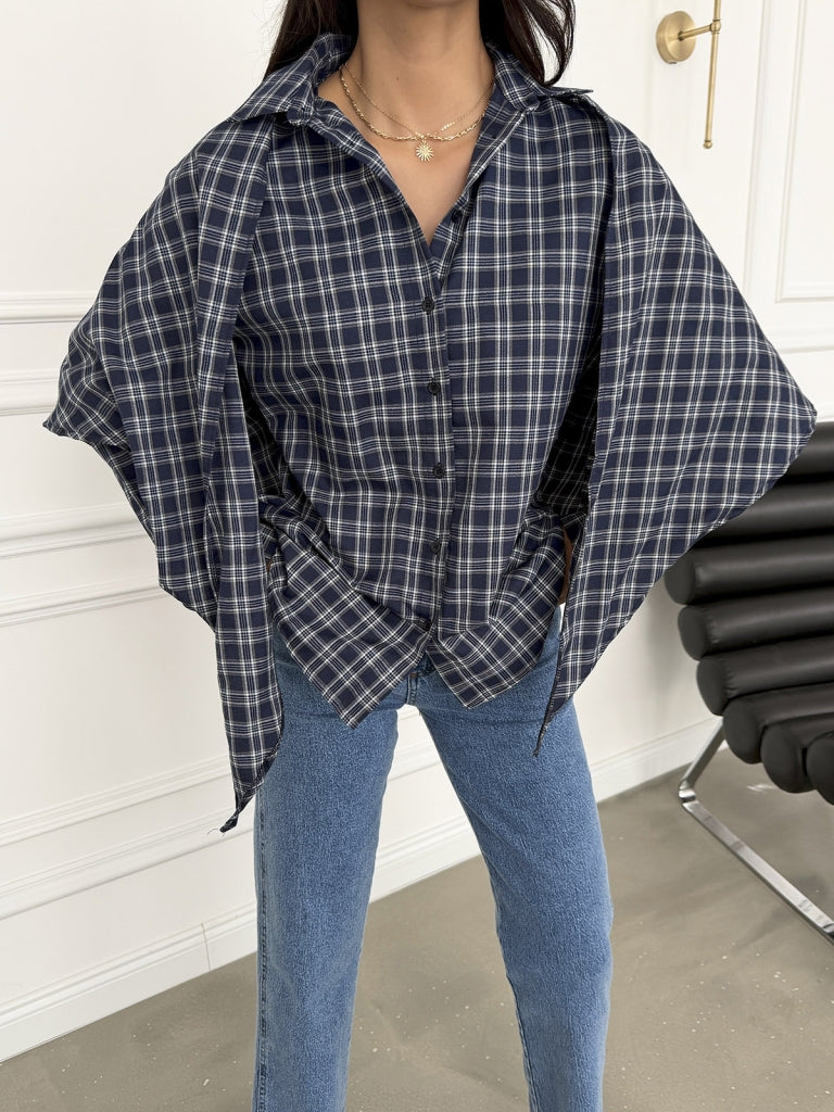 Lacivert Ekoseli Sırtı Şal Detaylı Gömlek 3231-Lacivert